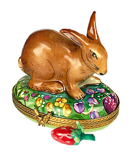 Limoges box brown bunny in berry patch with porcelain strawberry