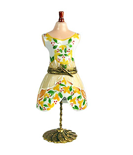 Limoges box yellow dress form on stand