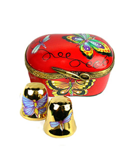 Limoges box red butterfly thimble case with gold thimbles