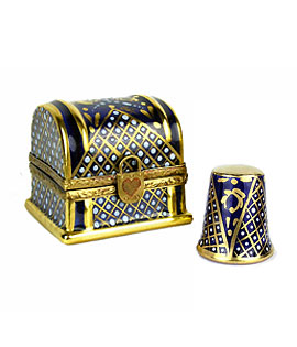 thimble trunk limoges box - cobalt and gold